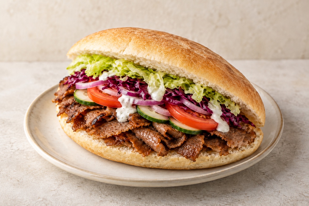Döner-Tasche mit Fleisch, Salat und Sauce
