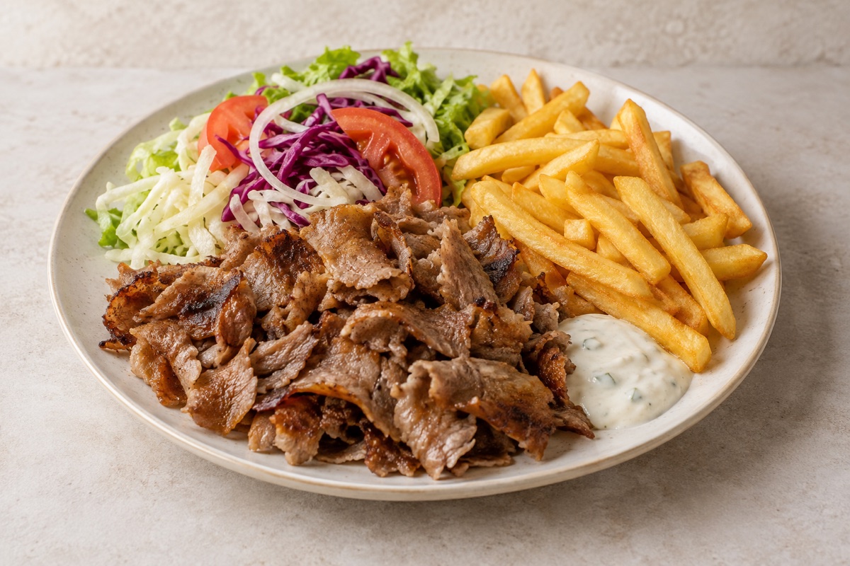 Döner-Teller mit Pommes, Salat und Sauce