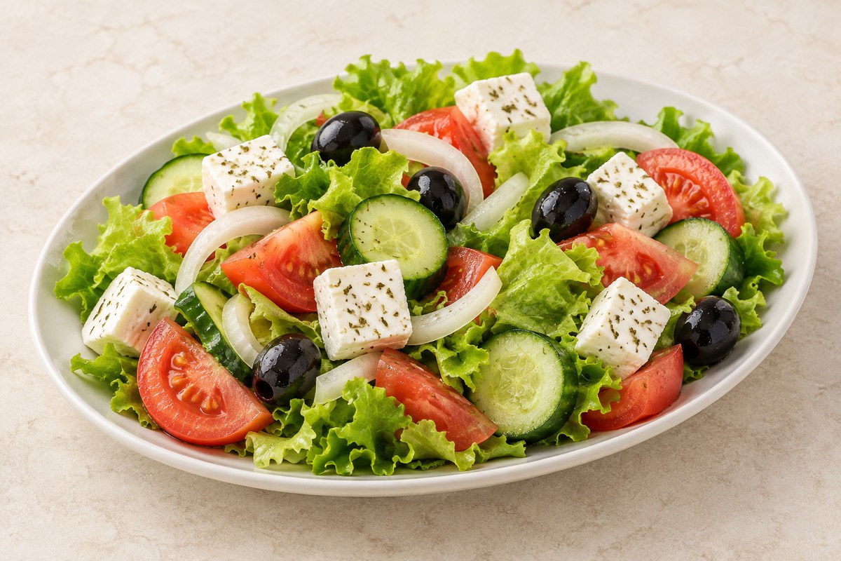 Salatteller mit Blattsalat, Tomaten, Gurken, Zwiebeln, schwarzen Oliven und weißem Käse – Kategorie-Serviervorschlag